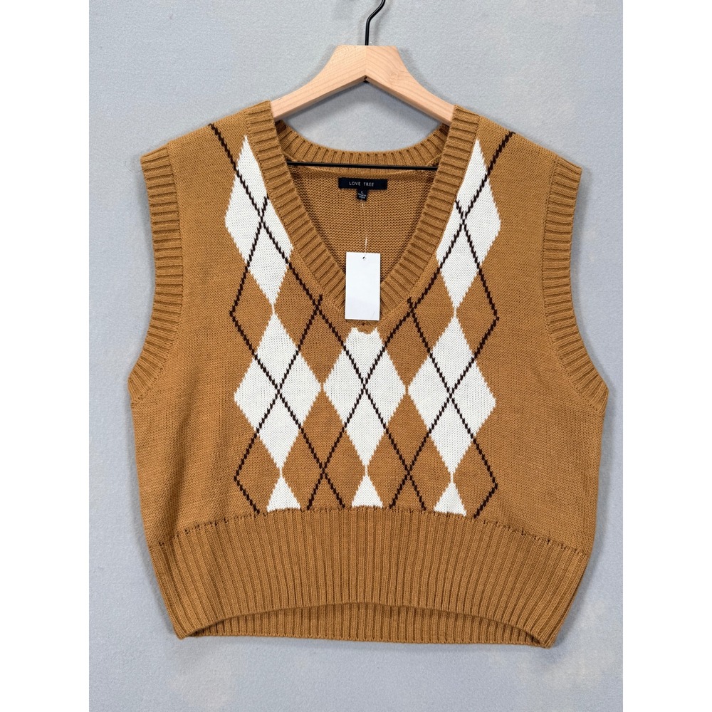 Love Tree Argyle Sweater Vest Camel Brown V-Neck Academic Knit Large 90077WH